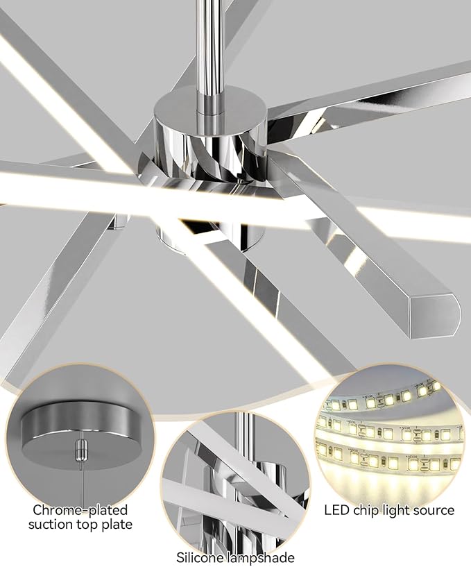 Modern Sputnik Chandelier Ceiling 82W LED Chrome Pendant Light Embedded Mount Chandeliers Dining Room Light Fixtures Over Table Dimmable with Remote Control for Living Room Kitchen Bedroom (Chrome)