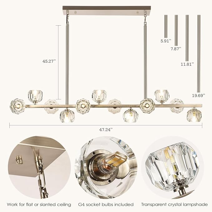 47" Linear Crystal Chandelier, 12 Lights Island Lighting Fixture for Kitchen, Brushed Nickel Modern Chandelier with Crystal Shades for Dining Room