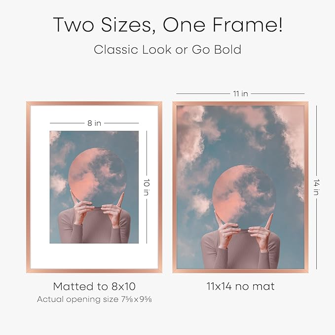 Homeforia 11x14 Picture Frame Rose Gold, High End Metal 11x14 Wall Hanging Frame with Mat 8x10, 11 x 14 Poster Frame Matted to 8 x 10 inch Photo, 11by14 Thin Frames, Tempered Glass, Wall Kit, Set of 2