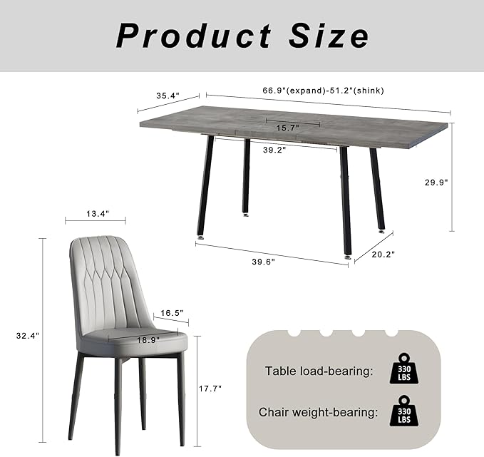 5 Piece Dining Table Set for 4-6,55-71" Extendable Dining Table Set with 4 Upholstered Chairs,Rectangle Kitchen Table Set for Small Space,Dining Room and Office,Grey