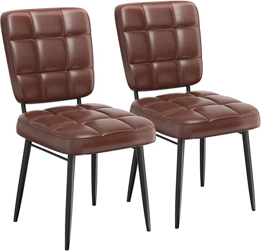 Leather Dining Chairs Set of 2, Upholstered Dining Room Kitchen Chairs with Thick Cushion, High Backrest, Metal Legs, Mid Century Modern Side Chair for Home Living Room Cafe Restaurant, Brown
