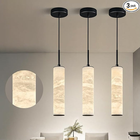 LMQNINE Natural Alabaster Pendant Lights for Kitchen Island White Marble Long Tube Chandelier Modern Black Ceiling Light Fixtures for Bedroom Dining Room Table Living Room Hallway(S-3Pack)