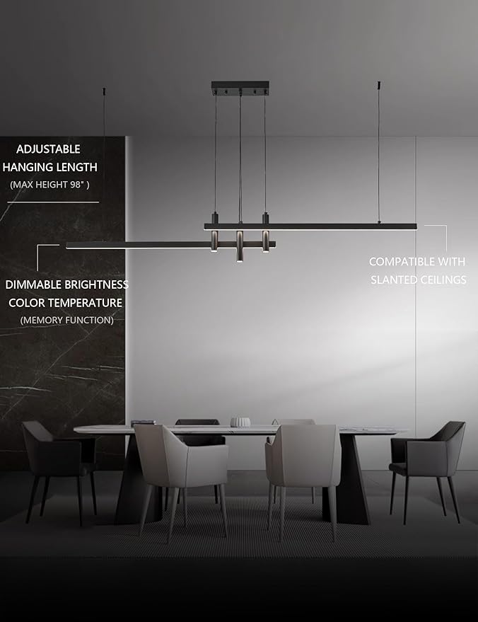 71" Black Linear LED Pendant Light Dimmable for Kitchen Island, Home Bar, Dining & Office - Modern Minimalist Hanging Chandelier Lighting Fixture