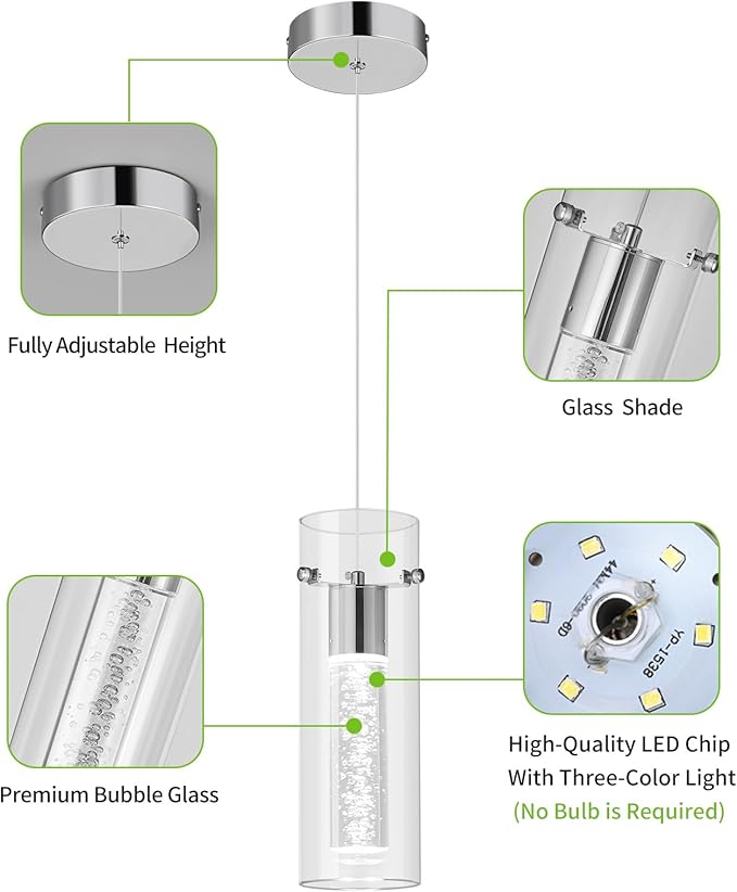 Pendant Ceiling Light Fixture for Kitchen Island, Chrome Pendant Light Integrated LED Hanging Light with Crystal Bubble Glass Pendant Light Modern Pendant Lights Kitchen Island (2-Pack)