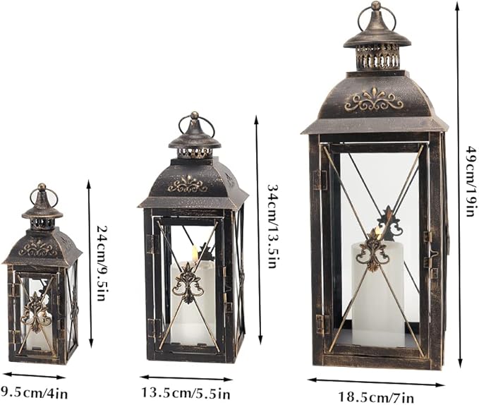 TRIROCKS Set of 3 Decorative Hanging Lantern 19'' High Vintage Metal Candle Holder with Tempered Glass Perfect for Living Room Garden Yard Patio Parties Events Indoors Outdoors (Black)