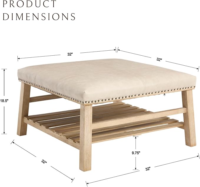 Large Square Coffee Table with Storage,Modern Faux Leather Ottoman Coffee Table,Luxury Upholstered Couch Table for Living Room/Sofa/Bedroom,Beige