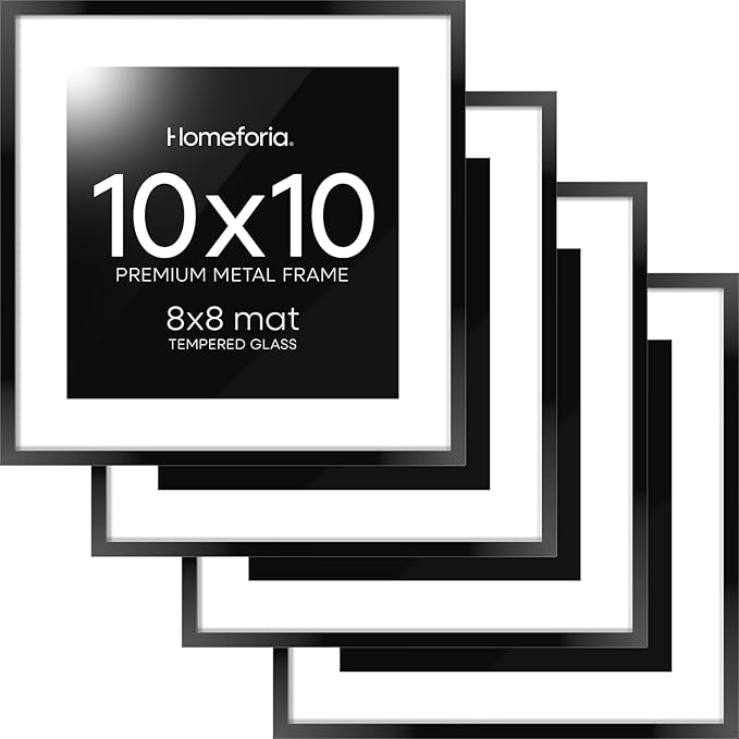 Homeforia 10x10 Black Picture Frame, High End Metal 10 by 10 Square Frames with Mat 8 x 8 Opening, 10by10 Poster Frames Matted to 8x8 Photo, Wall or Tabletop Frames, Tempered Glass, Wall Kit, Set of 4
