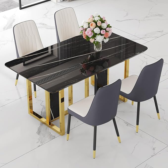 TesNus 63" Black Dining Table Set for 4 with Chairs,Modern Faux Marble Rectangular Kitchen Table and Chairs Set Luxury 5 Piece Dining Room Set with Gold Metal Legs,Easy Assemble,Stable Base