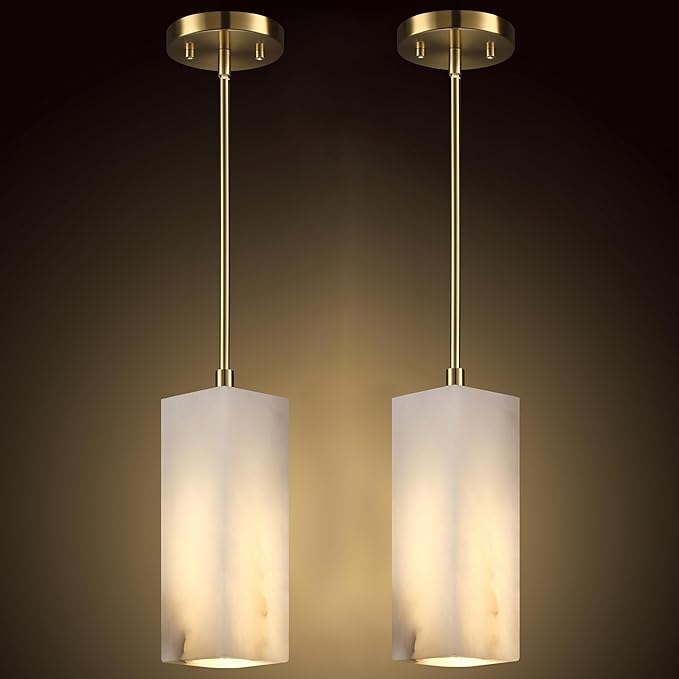 1 Light Modern Industrial Farmhouse Hanging Kitchen Island Pendant Ceiling Light Fixture,Square Cylinder Natural Alabaster Marble Brushed Bronze Finish Over Sink Restaurant bar Corridor