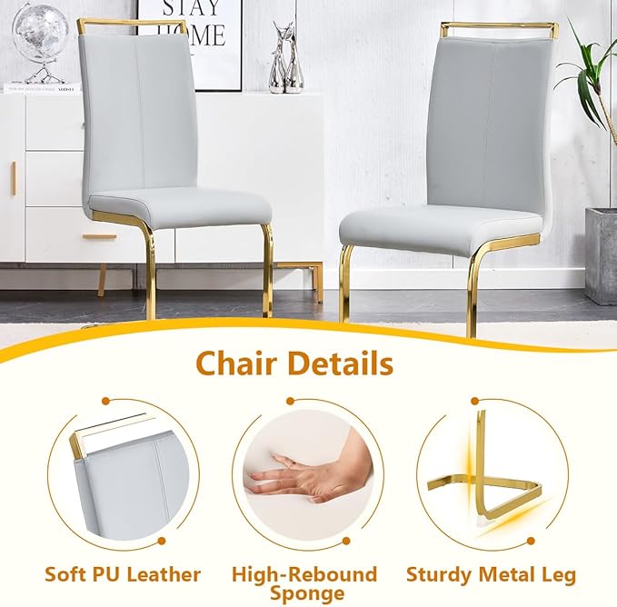 9 Piece Glass Dining Table Set, Kitchen Table Chairs Set for 8, 71'' Dining Table with 0.4" Tempered Glass Tabletop with Plated Metal Legs and MDF Crossbar, 8 PU Chairs for Dining Room, Kitchen.