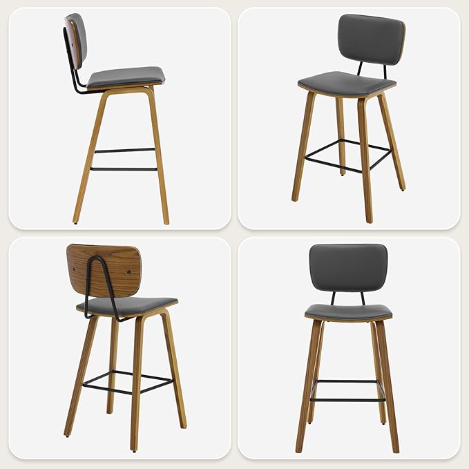 Counter Height Bar Stools Set of 2, PU Leather Upholstered Barstools with Backs, Bent Wood Legs, 26 Inch Seat Height, Mid Century Modern Counter Stools for Kitchen Island, Grey