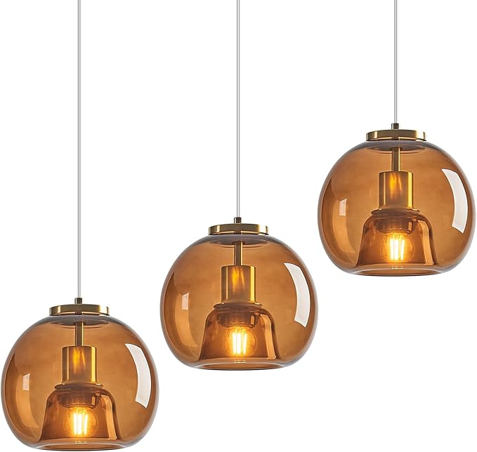 Brown Glass Pendant Lights Kitchen Island Gold Hanging Light Fixture Glass Globe Pendant Light Modern Pendant Lighting for Kitchen Island Bedroom Dining Room (7.87", 3 Pack)