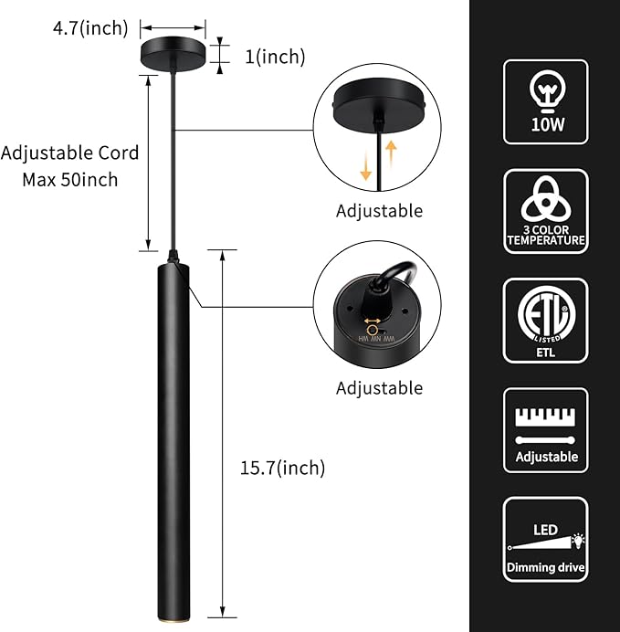 OKELI Modern Pendant Lights, 3 Color Temperature Adjustment LED Dimmable Pendant Light Fixtures, 2700K/4000K/6000K Pendant Lighting for Kitchen Island,Bar,Bedroom, 15.7inch, ETL, 1 Pack