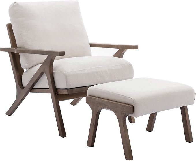 Wahson Set of 2 Mid Century Arm Chairs and Ottomans, Upholstered Accent Armchair with Wood Frame and Linen Cushions, Leisure Slipper Chair for Living Room/Bedroom, Cream