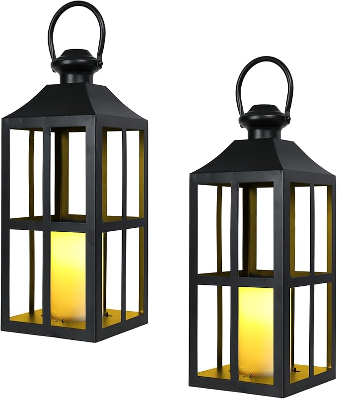 Bdor 2 Pack Black Metal Lantern with LED Candle, Battery Operated, 17.7 Inch Tall Decorative Candle Holder, for Indoor and Outdoor Use, Perfect for Home Décor, Weddings, Parties, and Holiday