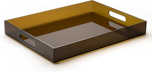 16"x12" Large Acrylic Serving Tray Decorative Ottoman Coffee Table Vanity Tray Tea Fruit Platter Snack Appetizer Dessert Drink with Handles for Bar Kitchen Party, Amber