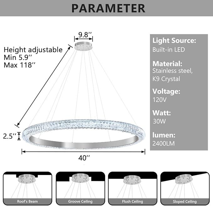 40" 1 Ring Crystal Chandelier Modern LED Dimmable Ring Pendant Light Chandelier for Dining Room Living Room Silver
