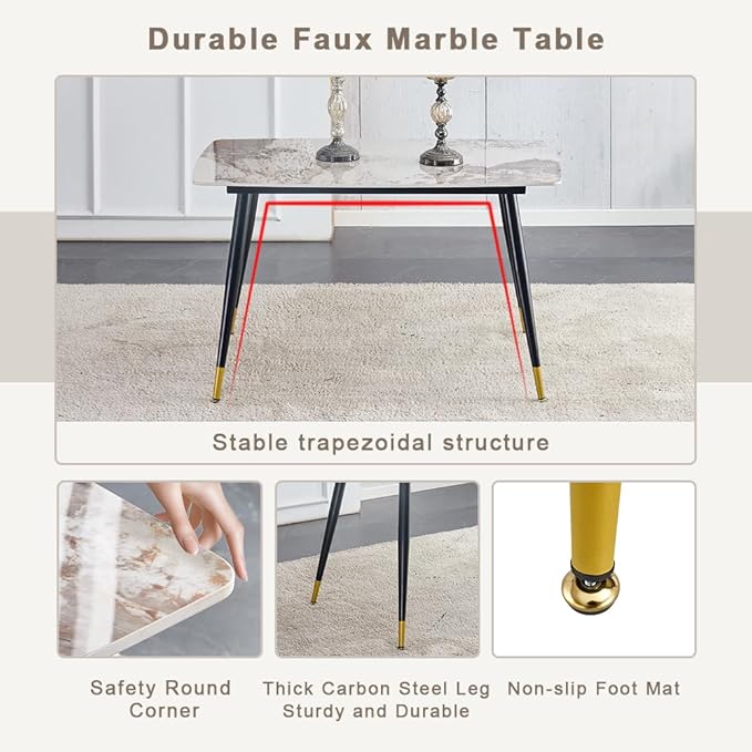 5 Pieces Modern Sintered Stone Dining Table Set 50" Rectangular Faux Marble Tabletop Kitchen Table with 4 PU Leather Chair Dinner Table Set(1Faux Marble Table+4Black Chairs)