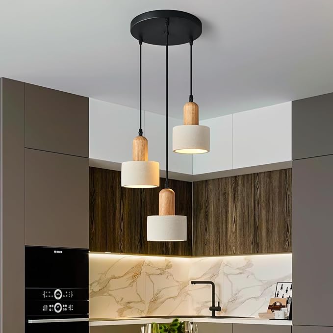 Modern Cement Pendant Lights White Chandelier Wooden Ceiling Lamps for Kitchen Island Bedroom Dining Room Living Room bar（Round 3-Light）