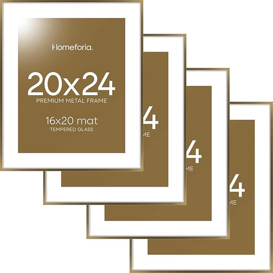 Homeforia Picture Bronze Frame 20x24, High End Metal 20x24 Brass Poster Frames with Mat 16x20 for Photo, 20 x 24 Frame Matted to 16 x 20 Print, 24x20 Hanging Frames, Tempered Glass, Wall Kit, Set of 4