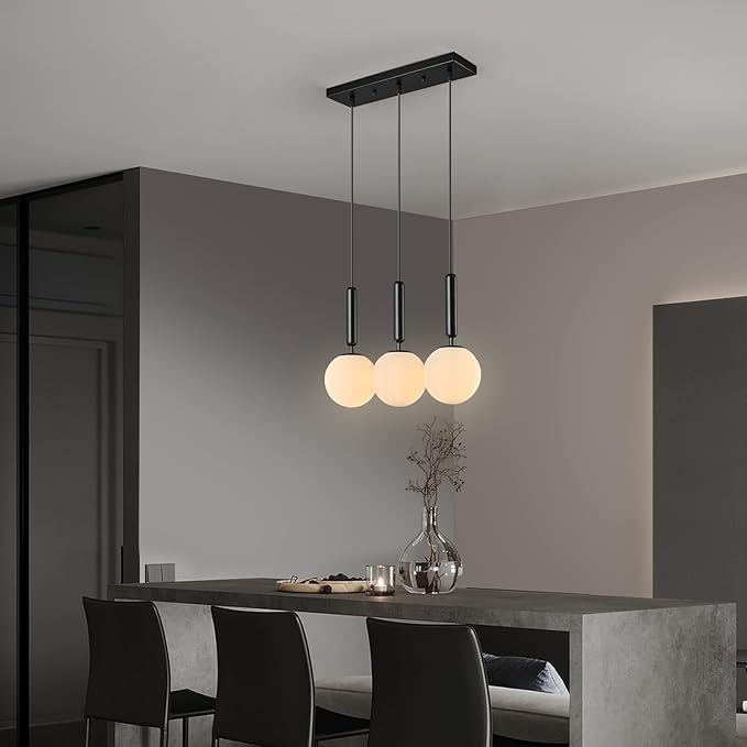 Modern Black Pendant Lights Kitchen Island Mid Century with Globe Pendant Light Milk White Glass Pendant Lighting for Living Room Bedroom Entryway (3 Lights)