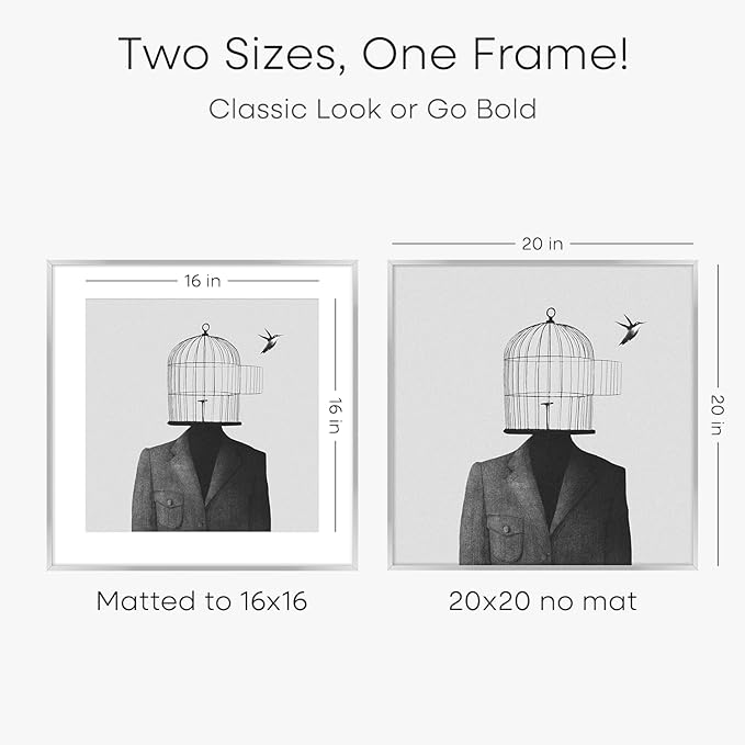 Homeforia 20x20 Silver Picture Frame, High End Metal 20 x 20 Square Frame with Mat 16 x 16 Photo, 20x20 Poster Frames Matted to 16x16 Print, 20 by 20 Hanging Frames, Tempered Glass, Wall Kit, Set of 2