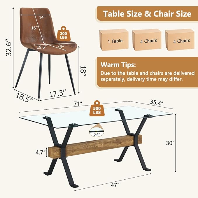 9 Piece Glass Dining Table Set, Kitchen Table Chairs Set for 8, 71'' Dining Table with 0.4" Tempered Glass Tabletop with Plated Metal Legs and MDF Crossbar, 8 Suede Chairs for Dining Room, Kitchen.