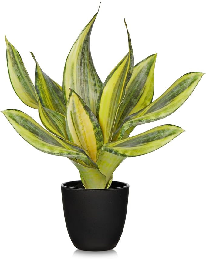 Fake Plant 11.22 Inch Fake Snake Plant Artificial Plants Indoor Sansevieria Faux Plants with Black Pot Artificial Snake Plant for Living Room Bathroom Office Table Centerpieces Shelf Home Decor
