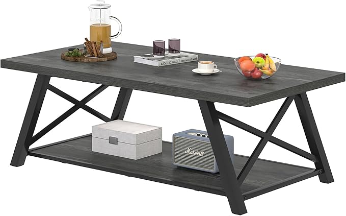 EXCEFUR Coffee Table, Industrial Wood and Metal Center Table for Living Room, Rectangle Cocktail Tea Table with Storage Shelf, Rustic Grey, 47 Inch
