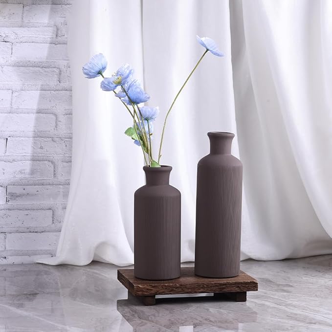 Brown Ceramic Vase Set of 3 – Small Flower Vases, Modern Farmhouse Boho Flower Vases for Home Decor, Rustic Pottery Vases for Centerpieces, Living Room, Shelf, Fireplace, Entryway Decor, Table