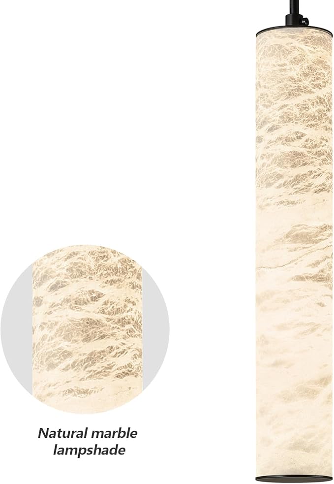 LMQNINE Natural Alabaster Pendant Lights for Kitchen Island White Marble Long Tube Chandelier Modern Black Ceiling Light Fixtures for Bedroom Dining Room Table Living Room Hallway(M-1Pack)