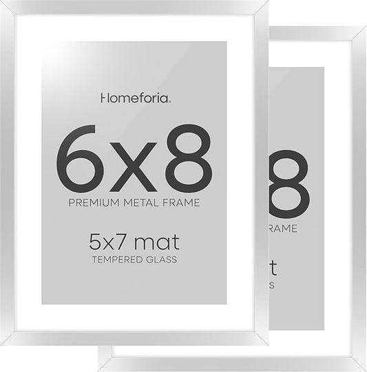 Homeforia Silver Photo Frame 6x8, High End Metal 6 x 8 Silver Picture Frames with Mat 5 x 7, 6by8 Desk Frame Matted to 5x7 inch Art, 6 by 8 Wall or Tabletop Frames, Tempered Glass, Wall Kit, Set of 2