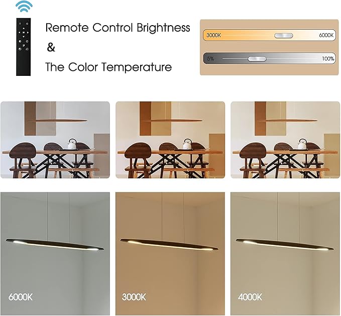 39" Wood Linear Pendant Light LED Dimmable Hanging Light Dinning Room Light Fixture Island Lights 24w for Dining Room Kitchen Island Bar Walnut Color