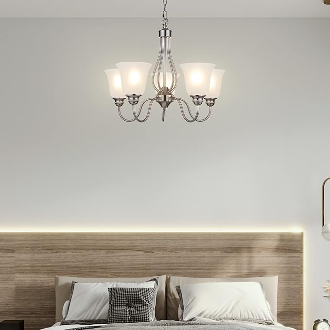 5 Light Chandelier with Brushed Nickel Finish, Classic Style Ceiling Light Fixture with Frosted Glass Shade for Meeting Room Dining Room Living Room Corridor, LED Bulb(not Include)