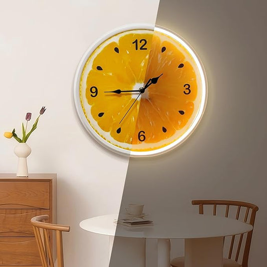 jXIN 12 Inch Orange - Shaped Fun Clock, 2-in-1 LED Silent Clock and Warm White Night Light, Creative Decorative for Cozy Atmosphere Children's Room