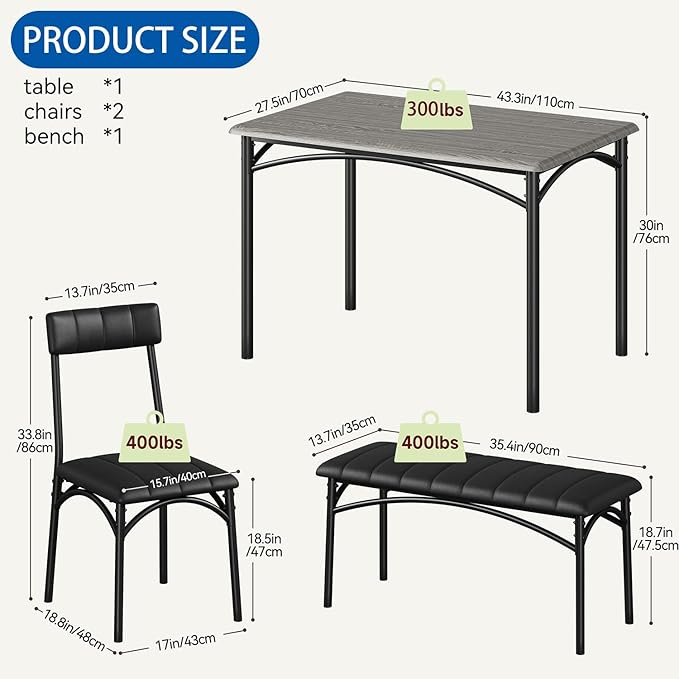 IDEALHOUSE Dining Table Set for 4, Kitchen Table with Chairs for 4, Rectangular Wood Dining Room Table Set with Upholstered Bench for Small Space, Dinner, Apartment, Retro Gray