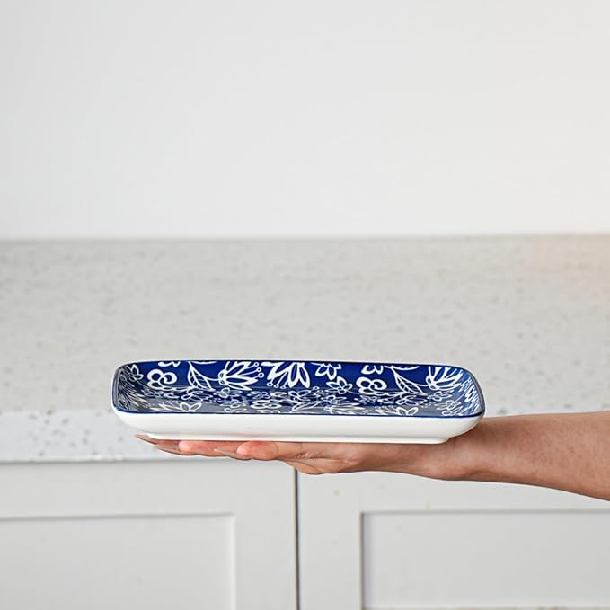 Rectangle Serving Platter Set - 8 Inch Ceramic Dinner Plates Rectangular Serving Trays for Sushi Salad Dessert Pasta Appetizer - Oven Microwave Dishwasher Safe - Set of 6 - Vintage Blue