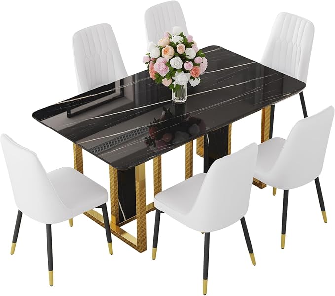 TesNus 63" Black Dining Table Set for 6 with Chairs,Modern Faux Marble Rectangular Kitchen Table and Chairs Set Luxury 7 Piece Dining Room Set with Gold Metal Legs,Easy Assemble,Stable Base