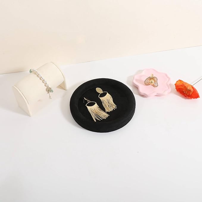 GemeShou Round Jewelry Organizer plate, Top Microfiber velvet Jewerly display tray, Empty Jewelry showcase tray for Necklace Bracelet Ring Earring display stand holder (Black-Small, 5.9 x 5.9 in)