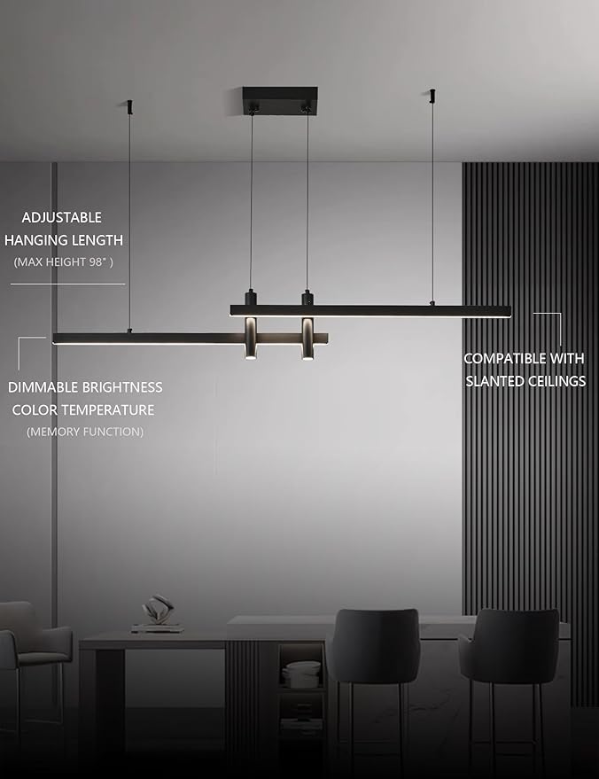 Modern Black Linear Pendant Lights Kitchen Island Lighting Minimalist Led Chandeliers Pool Table Light Dimmable Ceiling Hanging Light Fixture Dining Room with Remote Control (47in)