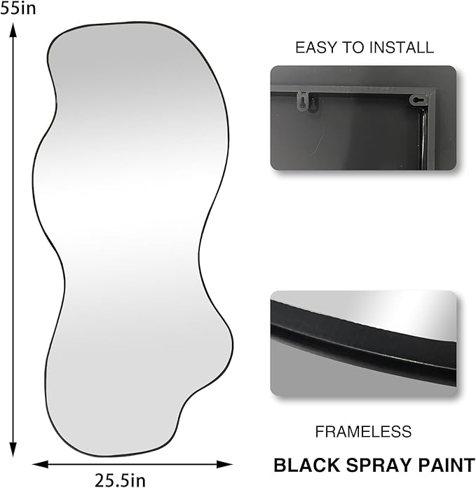 POZINO Large Irregular Mirror, Asymmetrical Full Length Mirror, 55"x25.5" Wavy Shaped Mirrors, Modern Frameless Decorative Mirrors for Dressing Living Room Bathroom Bedroom Hallway Entryway