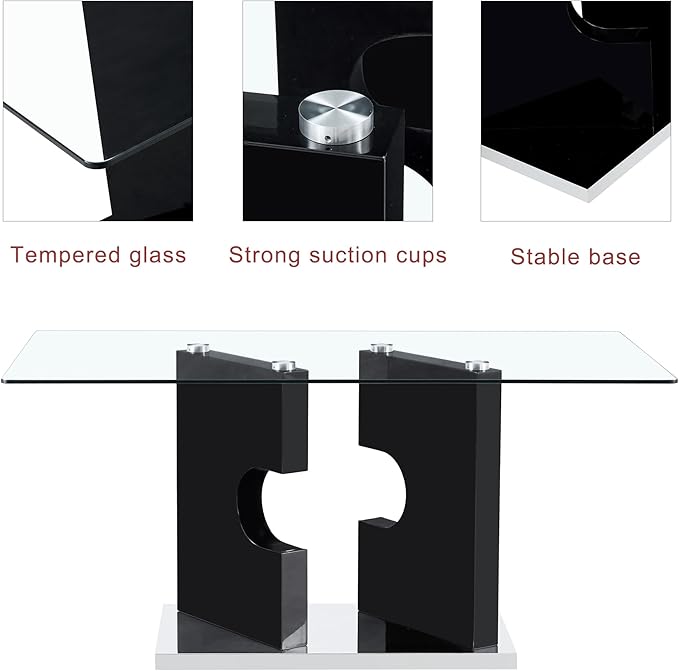 Glass Dining Room Table Set for 6,Dining Table Set for 6 with PU Leather Chairs,Retangular Dining Table with MDF Table Legs and Sliver Base for Dining Room