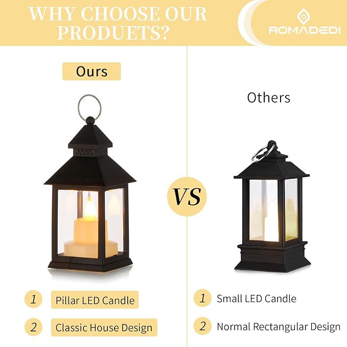 Romadedi Mini Lanterns Decorative for Centerpiece - 10 PCS Hanging Small Black Lantern Bulk with Flickering LED Candles for Halloween Decorations Wedding Decor Christmas Table, Batteries Included