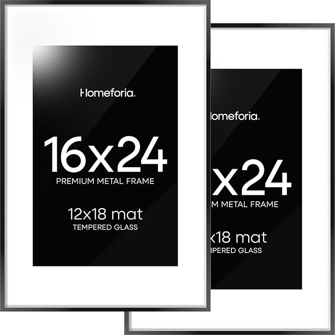 Homeforia 16 x 24 Picture Frame Black, High End Metal 24x16 Poster Frame, 16 x 24 Black Frames Matted to 12 by 18 inch Print, 24by16 Thin Frame with Mat 12x18 Photo, Tempered Glass, Wall Kit, Set of 2