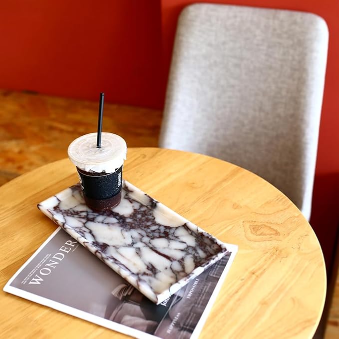 Natural Marble Tray, Coffee Table, Food, Fruit, Paper Cup, Cake Display, Coffee bar, Family Gatherings, Seasonal Holiday Decoration Tray(Viola-rectangle-11 x5 x0.7)