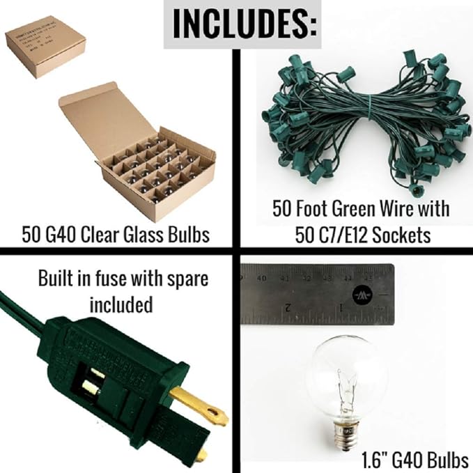Hometown Evolution, Inc. 50 Foot G40 Globe Patio String Lights with Clear Bulbs and Green Wire (+2 Free Spares)