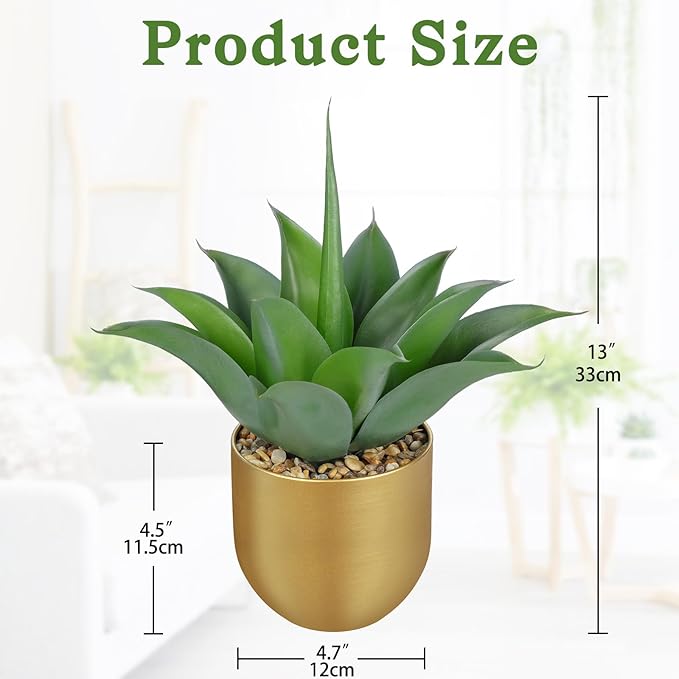 Briful Artificial Agave Plant in Gold Metal Pot, 13 Inch Tall Faux Succulent with Gray-Green Wide Leaves, Realistic Decorative Fake Plants for Home, Office, Shelf, Tabletop Decor