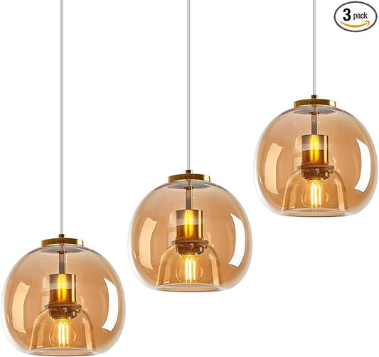 Amber Glass Pendant Lights Kitchen Island Gold Hanging Light Fixture Glass Globe Pendant Light Modern Pendant Lighting for Kitchen Island Bedroom Dining Room (7.87", 3 Pack)