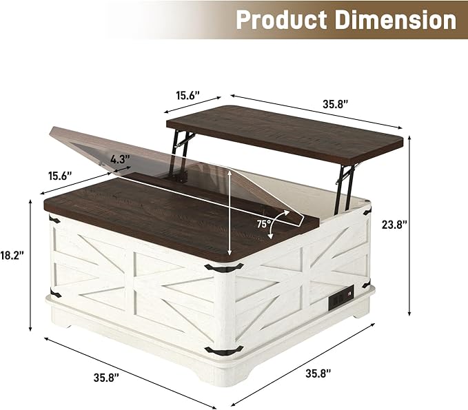 36" Farmhouse LED Lift Top Coffee Table with Storage and Power Outlets, Square Wood Living Room Tables with LED Lights & Large Hidden Space, Lift Wooden Barn Door Center Table, Rustic White