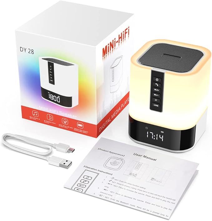 Night Light Bluetooth Speaker, 5 in 1 Touch Control Bedside Lamp Dimmable Multi-Color Changing, Bedroom Alarm Clock, Best Birthday Gift Ideas for 10 11 12 13 14 Year Old Teenage Girls/Boys